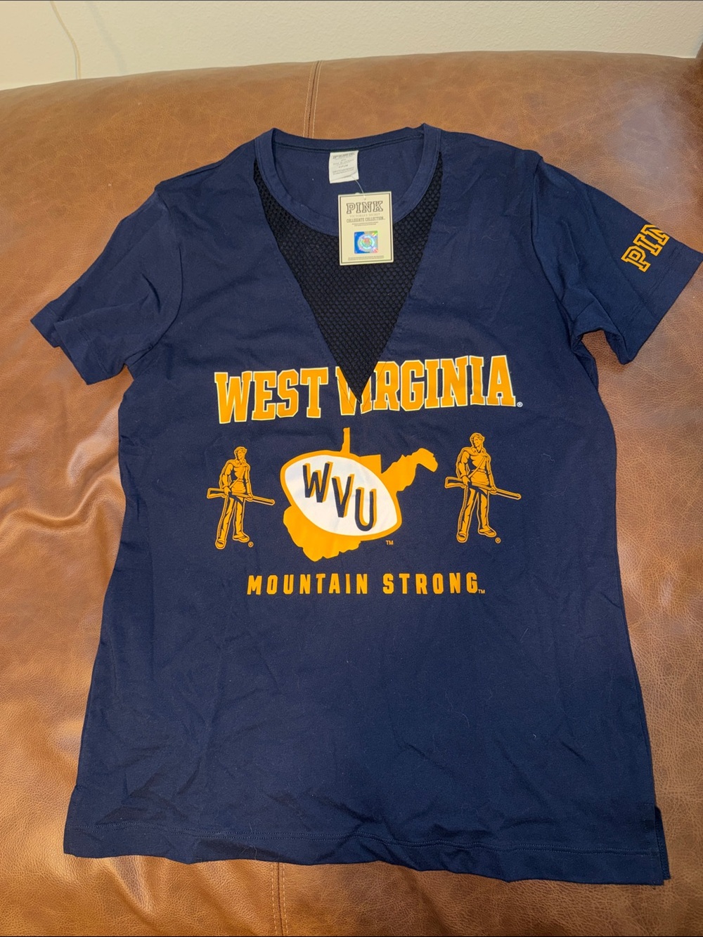 PINK Victoria's Secret Navy West Virginia WVU Graphic Tee with Gold Print